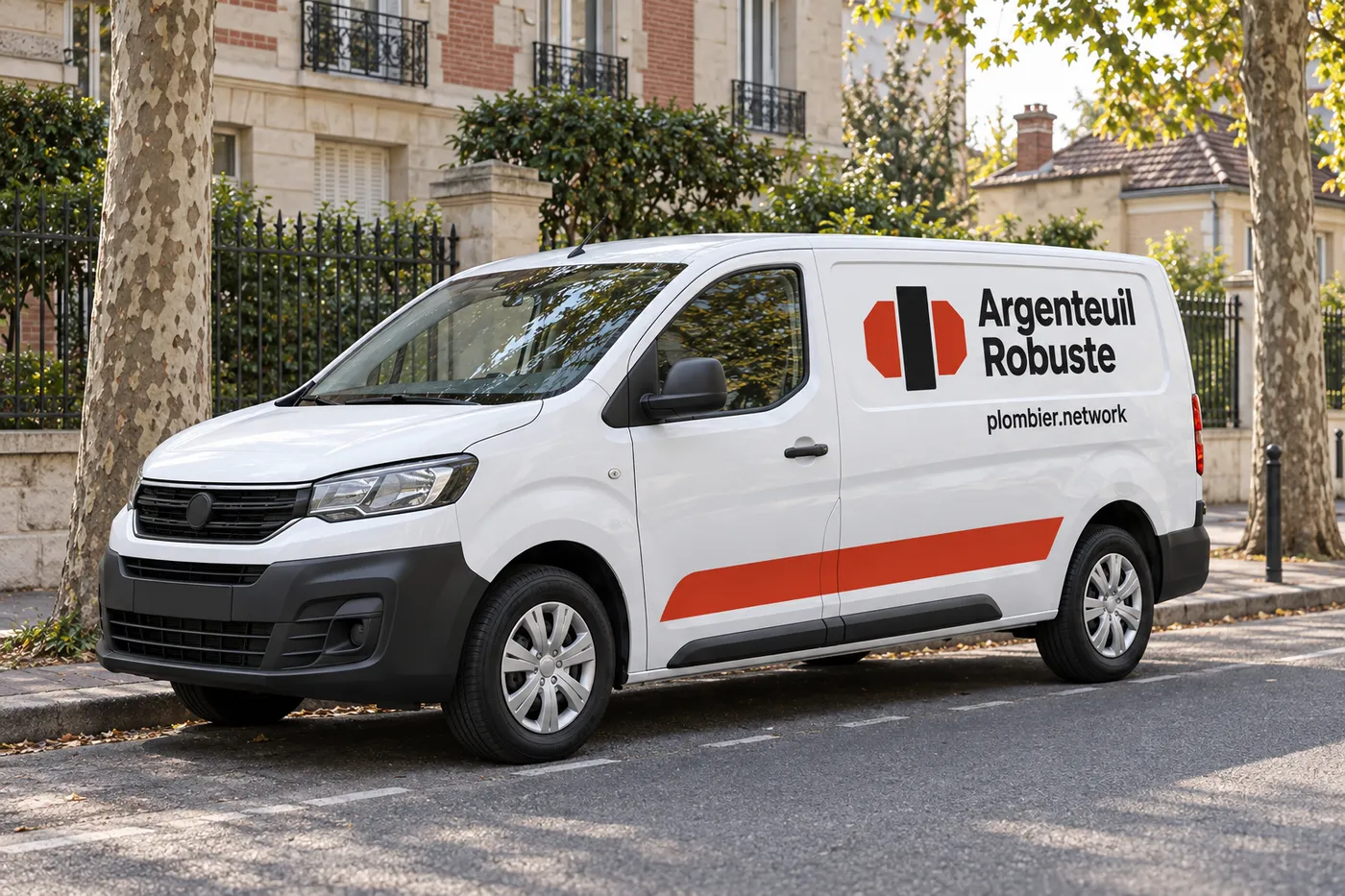 Utilitaire blanc floqué Argenteuil Robuste et plombier.network garé dans une rue résidentielle d'Argenteuil